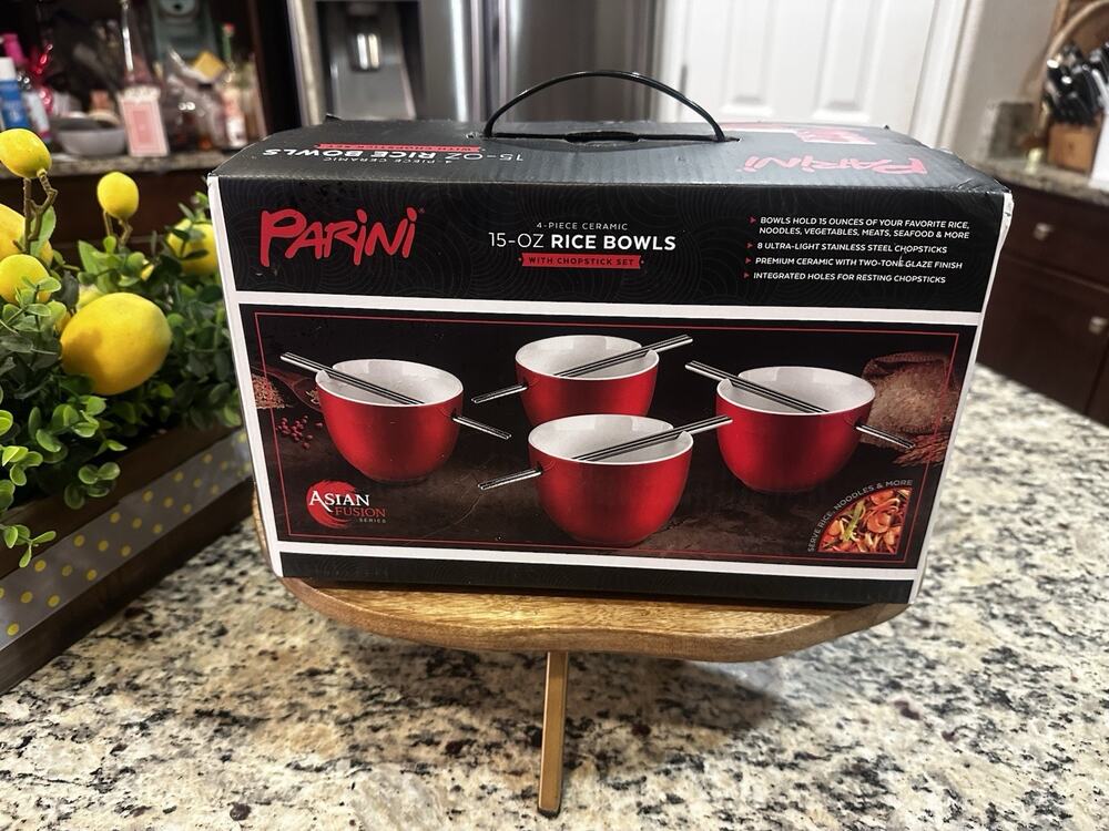 Parini (4) 15 oz Red Ceramic Rice Bowls w/ Stainless Steel Chopsticks NEW IN BOX